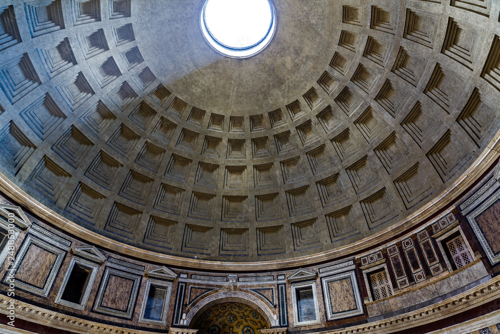 Rome/ Italy July 2018: Interior of Rome Pantheon with the famous ray of light from the top
