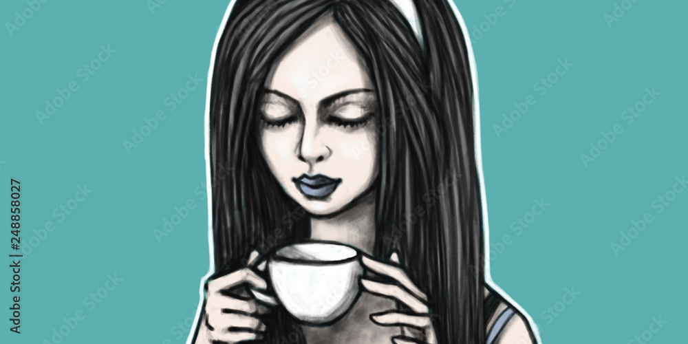 The young girl with brunette hair with a cup of coffee or tea. Woman drinking drink. Modern illustration. The young girl with brunette hair with a cup of coffee or tea. Woman drinking drink. Modern illustration.