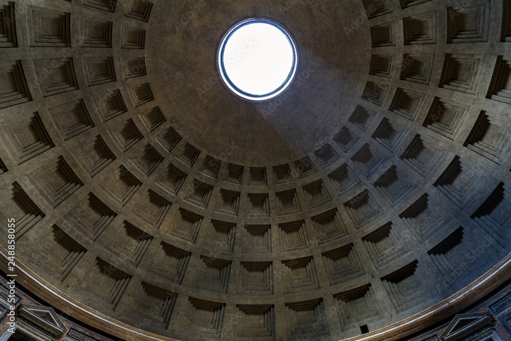 Rome/ Italy July 2018: Interior of Rome Pantheon with the famous ray of light from the top