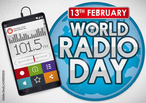 Smartphone with Reminder and Globe to Celebrate World Radio Day, Vector Illustration