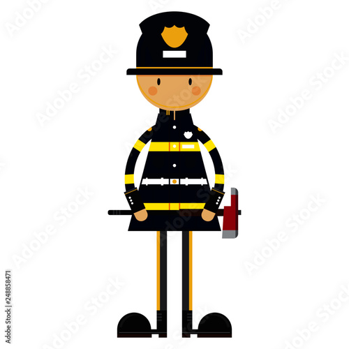 Cute Cartoon Fireman wth Axe Illustration