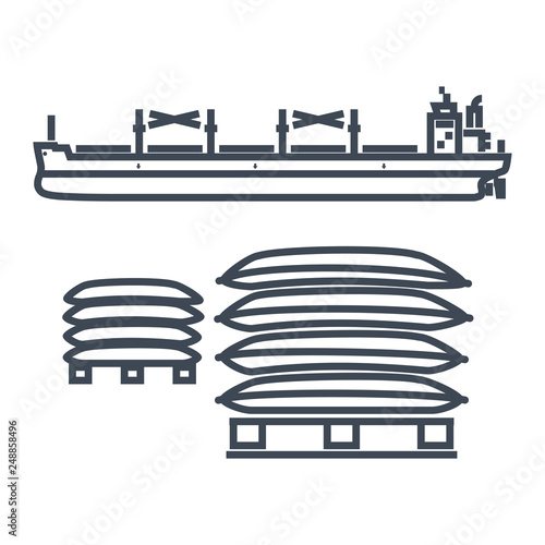 thin line icon dry cargo ship, bulk carrier, pallet, bags