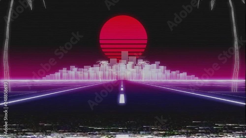 synthwave city road 80s Retro glitch 3d render