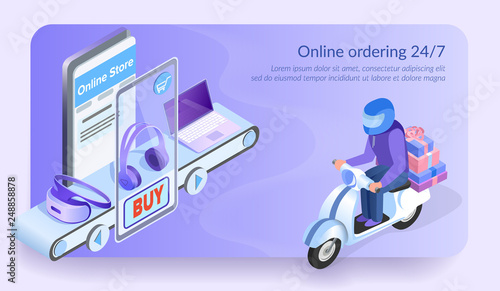 Online Ordering 24 for 7. Courier Delivers Order by Motorbike. Boxes from Virtual Electronic Store. Buy with Mobile Phone. Buy Button at Earphones. Headset, Laptop. Online Store. Isometric Vector