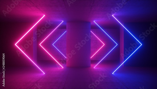Fototapeta Naklejka Na Ścianę i Meble -  3d rendering, neon light, abstract ultraviolet background, glowing lines, laser rays, fashion stage, vibrant colors, empty room, tunnel, corridor, night club interior