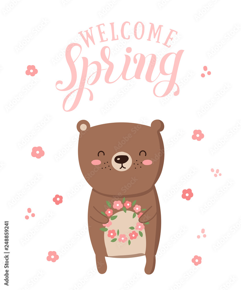 Vector poster with cartoon cute bear and spring slogan. Vector poster with cartoon cute bear and spring slogan.