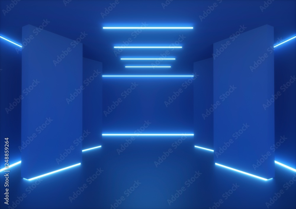 3d rendering, empty room, tunnel walls, blue neon light, abstract ...