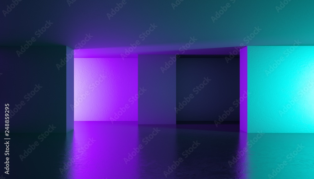 3d render, abstract background, empty room, violet mint walls ...