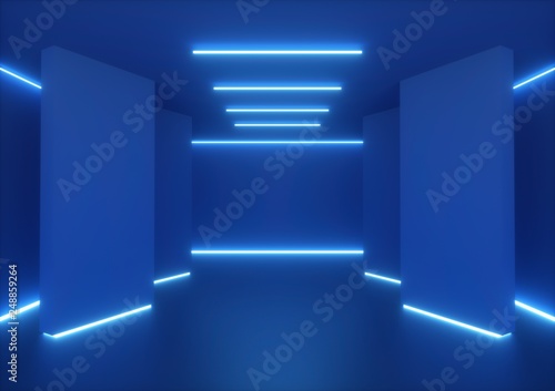Fototapeta Naklejka Na Ścianę i Meble -  3d rendering, empty room, tunnel walls, blue neon light, abstract ultraviolet background, glowing lines, fashion stage, vibrant colors, corridor, night club interior