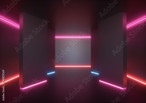 3d render, empty room, tunnel walls, blue pink red neon light, abstract ultraviolet background, glowing lines, fashion stage, vibrant colors, corridor, night club interior