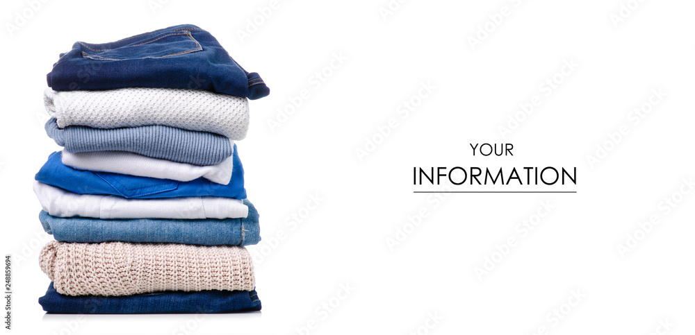 Stack of clothing jeans sweaters pattern on a white background isolation - obrazy, fototapety, plakaty 