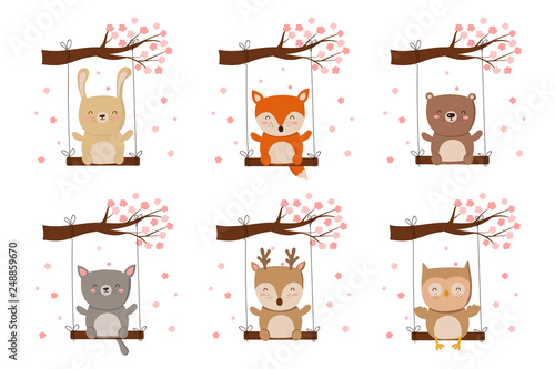 Vector collection of cartoon cute animals on swing