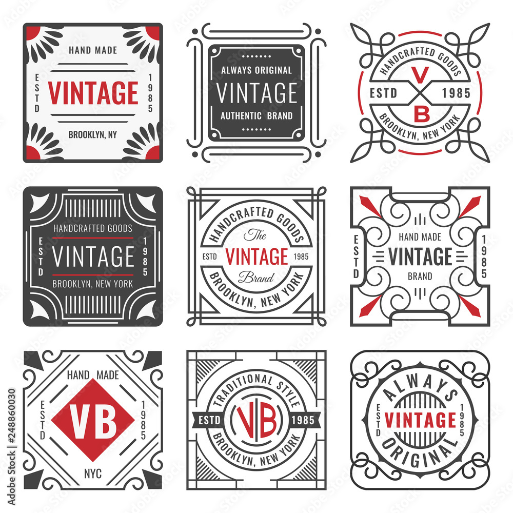 Set of nine stylish line insignias. Decorative geometric frames and borders. Modern vintage logo templates
