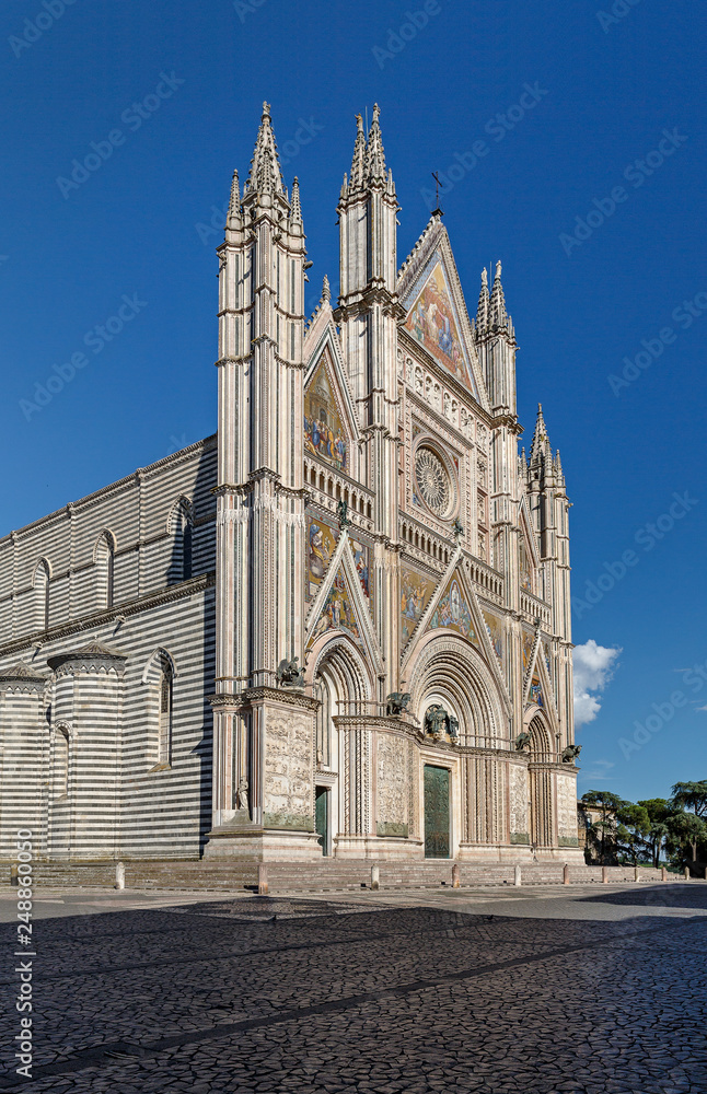 Exterior view of Duomo di Orvieto, a 14th-century Gothic cathedral in Orvieto, Italy, photo without people