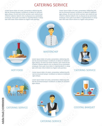 Catering service article template with flat illustration. Cartoon waiters, chef cook, dishes with text space. Staff, banquet hall, menu descriptions. Restaurant, cafe web banner, brochure, poster page