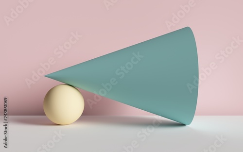 3d render, abstract background, cone, ball, primitive geometric shapes, pastel color palette, simple mockup, minimal design elements