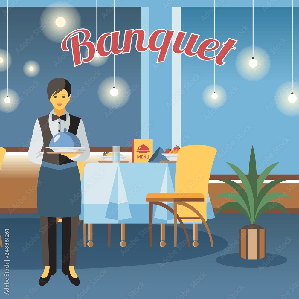 Banquet hall, room flat vector illustration. Restaurant interior design  with calligraphy lettering. Catering service. Event center. Waitress hold  tray with lid cartoon character. Served table drawing Stock Vector | Adobe  Stock