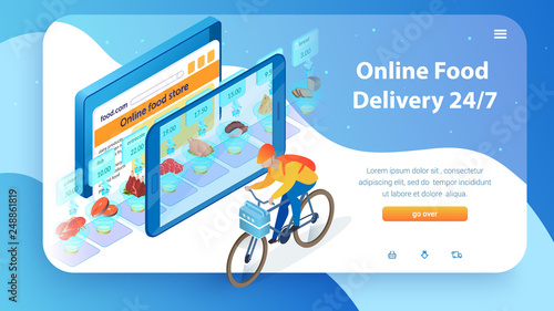 Internet Food Store. Boy by Bicycle Delivers Order. 24 7 Online Food Delivery Service. Buy with Mobile App and Tablet. Supermarket Showcase in Device. Web Site Landing Page. Isometric Vector EPS 10.