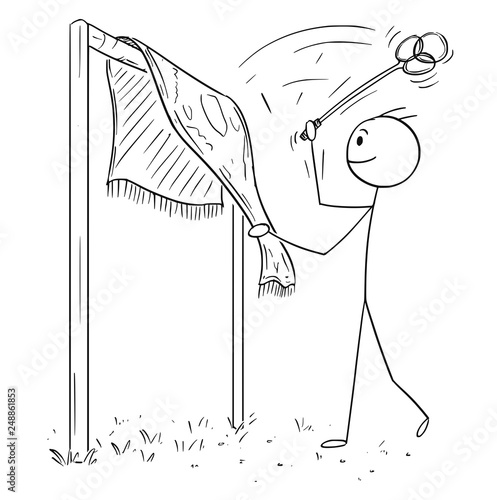 Cartoon stick figure drawing of man beating rug or carpet with beater or whip removing dust.