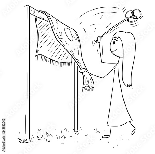 Cartoon stick figure drawing of woman beating rug or carpet with beater or whip removing dust. photo