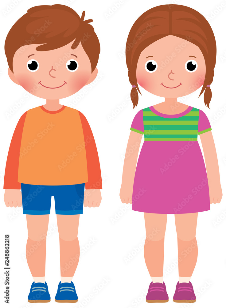 Children little boy and girl friends or brother and sister in full length on a white background vector illustration