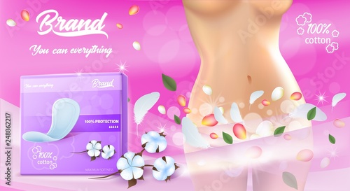 Feminine Hygiene Products. Concept of Freshness and Fragrance. Banner Ad. Pack of Hygienic Pads. Woman Silhouette. Young Body Shape and Belly. Ultra Thin Pads. Comfort and Protection. Vector EPS 10.