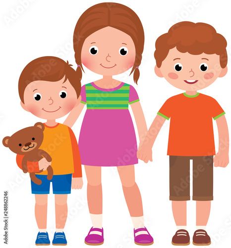 Group of little children boys and a girl full length friends or family cartoon vector illustration isolated on white background