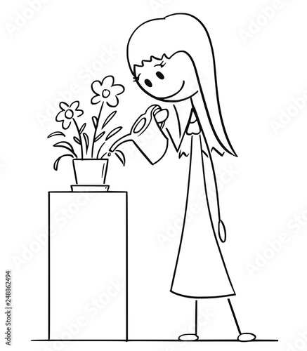Cartoon stick figure drawing of woman with can watering flower in pot or flowerpot.
