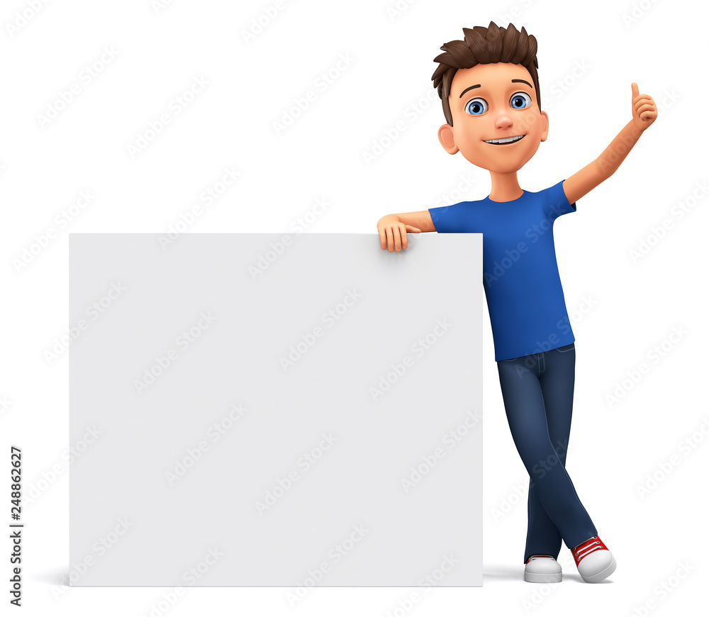 Character cartoon guy leaned against a blank board and shows thumb up. 3d rendering. Illustration for advertising. Character cartoon guy leaned against a blank board and shows thumb up. 3d rendering. Illustration for advertising.