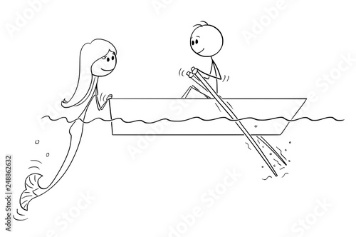 Cartoon stick figure drawing of man paddling in small boat with paddles on water or sea and meet a beautiful mermaid .
