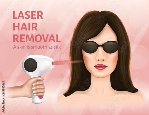 Epilation Procedure Concept. Laser Hair Removal Device. Advertising Banner. Face in Protective Glasses. Young Attractive Woman. Smooth Skin. Beauty Salon. Cosmetology Clinic. Vector EPS 10.