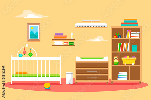 Children's room with changing place, heat lamp, cot and cabinets. Wall with clouds