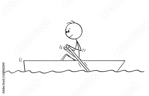 Cartoon stick figure drawing of man paddling in small boat with paddles on water.
