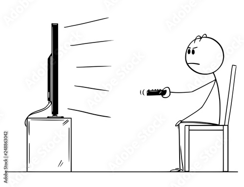 Cartoon stick figure drawing of unhappy, bored and unsatisfied man sitting alone on chair and watching TV or television.