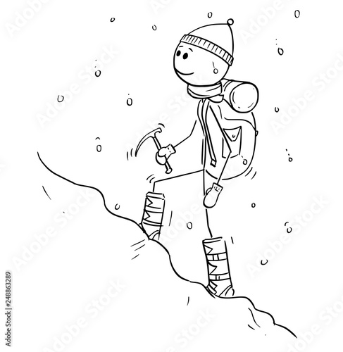 Cartoon stick figure drawing of mountain climber, mountaineer or alpinist walking with equipment uphill in snow.