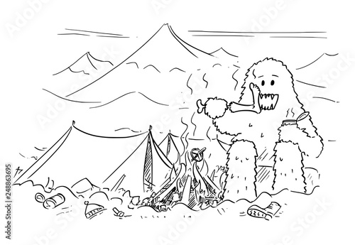 Cartoon drawing of Yeti enjoying devouring or eating alpinist or mountaineer in base camp of mountain climbing expedition.