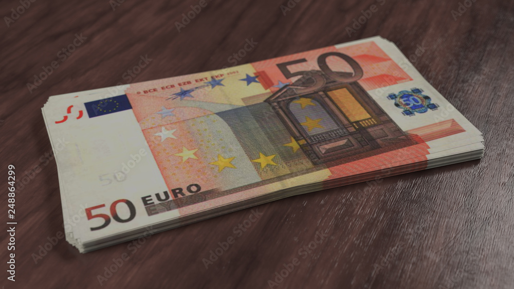 Obraz premium Pack of money. Fifty euro banknotes on the wooden floor. 50 european cash currency 3D illustration, depth of field.