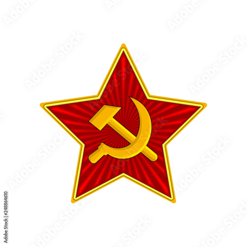 Badge of Soviet Union Red Star with hammer and sickle. Symbol of the USSR army. Vector Illustration. Isolated on white background.