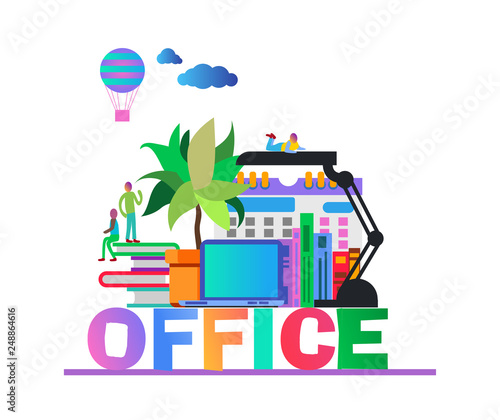 Set of flat vector design illustration of modern business office and work space wth lamp
