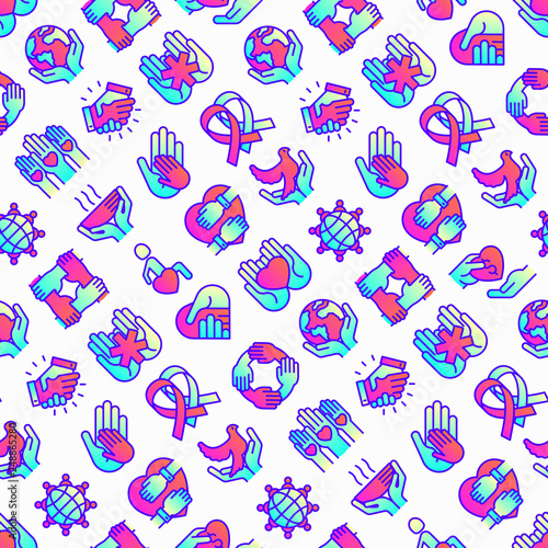 Charity seamless pattern with thin line icons: donation, save world, reunion, humanitarian aid, ribbon, medical support, charity to disabled people, life saving. Modern vector illustration.
