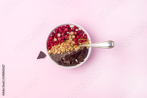 Healthy breakfast Bowl Smoothie with Granola Red Currant Chia Seed Dark Vegan Chocolate Diet Healthy Food Top View