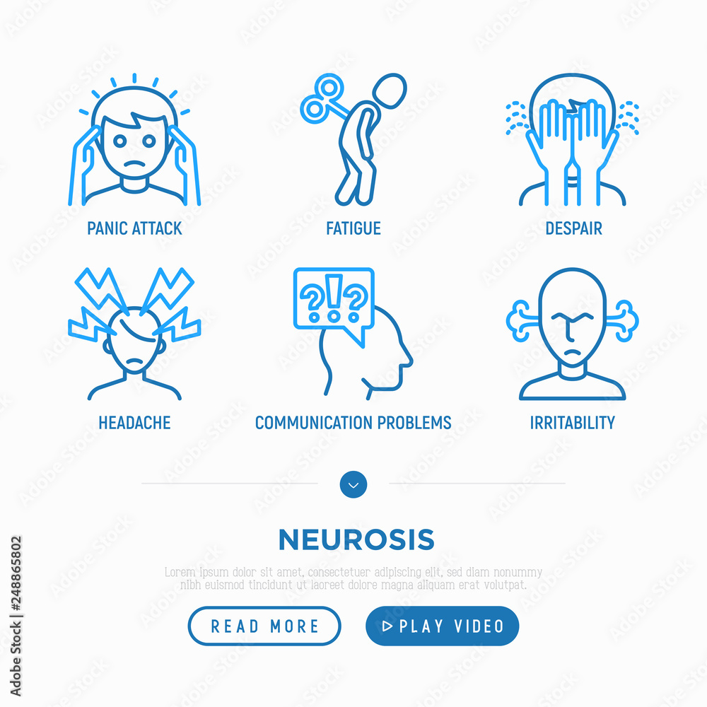 Neurosis thin line icon set: panic attack, headache, fatigue, despair, phobia, irritability. Vector illustration. Neurosis thin line icon set: panic attack, headache, fatigue, despair, phobia, irritability. Vector illustration.