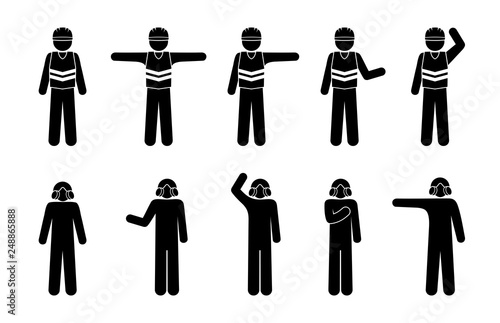 worker show various gestures, stick figure pictogram, people at work