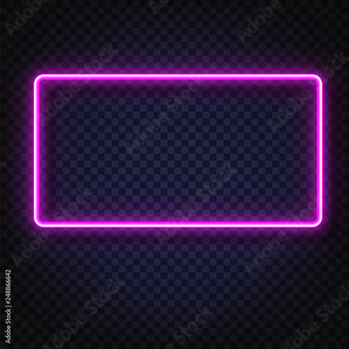 Neon light rectangular banner. Vector Neon light frame sign. Realistic glowing Violet neon rectangular frame isolated on transparent background. Shining and glowing neon effect. Plates with a place