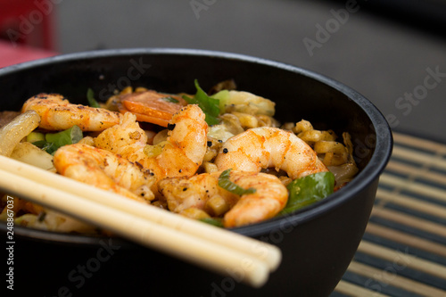 Traditional shrimp yakisoba. Japanese and Chinese Pasta
