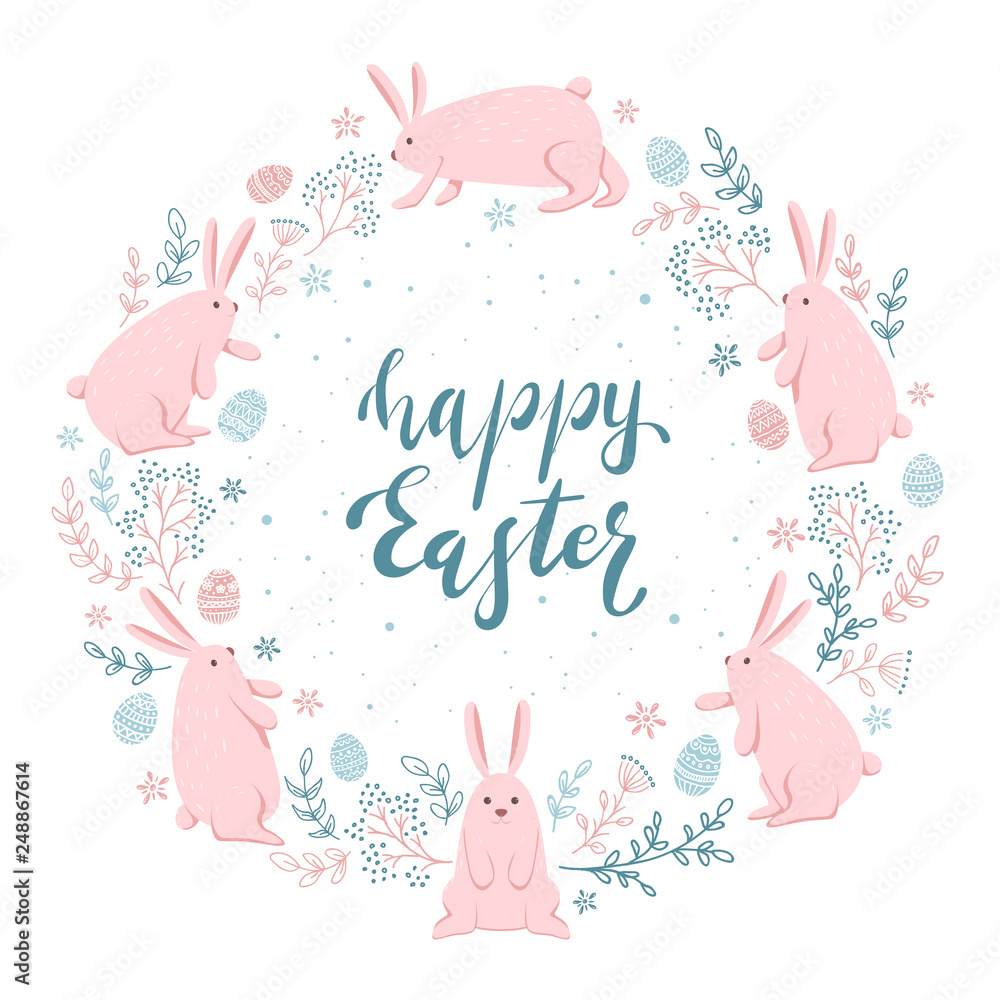 Card with Cute Easter Rabbits and Eggs on White Background