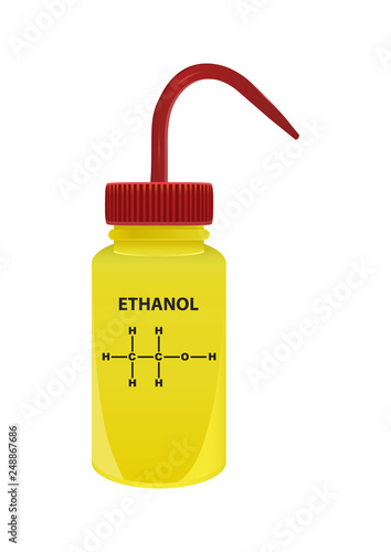 Vector plastic laboratory yellow wash bottle with ethanol or ethyl alcohol C2H6O. Polar chemical solvent. On the container is the name and formula of chemical substance. Isolated on a white background