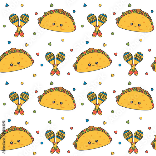 cute lovely cartoon seamless vector pattern background illustration with mexican tacos and maracas