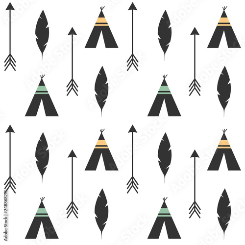 cute feathers, arrows and teepee ethnic tribal seamless vector pattern background illustration