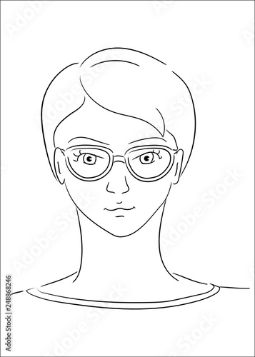 young woman with short hair wearing glasses, shortsighted